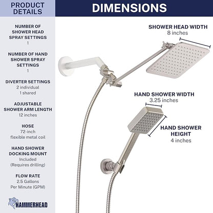 HammerHead® Solid Metal Dual Shower Head Combo — 8" Square Rain Shower Head with Handheld, 12" Adjustable Arm & Wall-Mount Holder for Flexible Installation — Brushed Nickel
