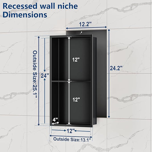 Neodrain No Tile Shower Niche, Stainless Steel Wall Niche 13.1"X25.1"(Inner Size 12"X24"), Two-Tier Bathroom Shelf, NO Tile Needed Recessed Cabinet for Bathroom Storage, Matte Black