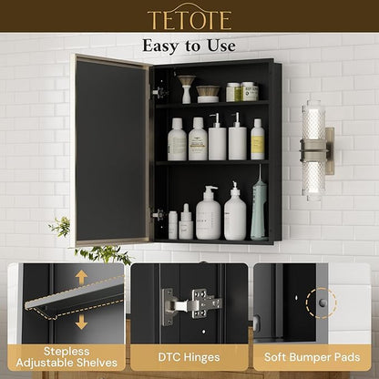 TETOTE Brushed Nickel Medicine Cabinet 20" x 26" Recessed or Surface Wall-Mounted Aluminum Alloy Framed Medicine Cabinet Stepless Adjustable Shelves