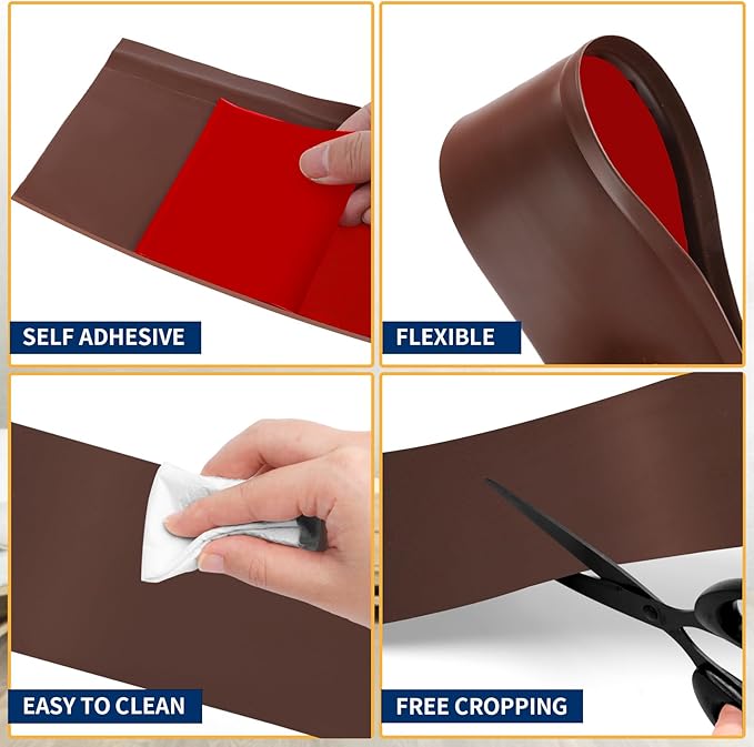 Flexible Baseboard Molding Trim 6 Inch Self-Adhesive Vinyl Wall Base Peel and Stick Cove Base Rubber Wall Baseboard Moulding Trim (40Ft, Brown)