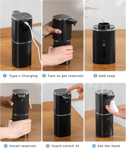 2 Pack Automatic Foaming Soap Dispenser, 12.8oz Rechargeable, Adjustable Foam Levels, IPX5 Waterproof, Touchless & Wall/Tabletop Use for Kitchen Bathroom, Black