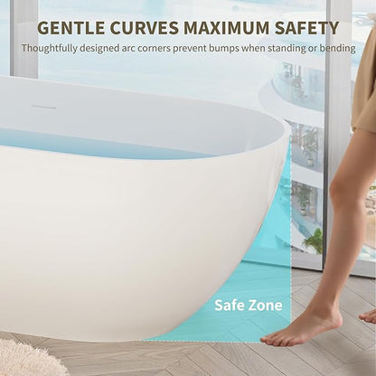 Abruzzo 63" Freestanding Solid Surface Bathtub - Engineered Stone Resin Soaking Tub with Overflow & Pop-Up Drain, cUPC Certified Glossy White, 74-Gallon Capacity Oval Tub for Modern Bathrooms