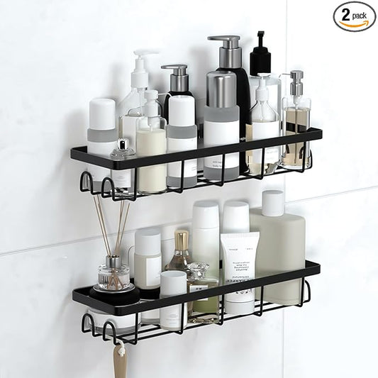 Shower Caddy Organizer with Hooks,Self Adhesive Bathroom Shelves,No Drilling Bathroom Organizers and Storage,Perfect for RV, Apartment, Home Decor,2 Pack Black