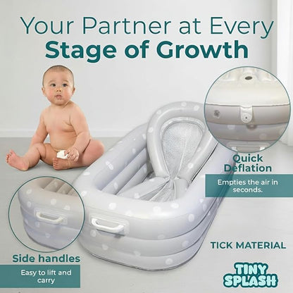 Inflatable Baby Bathtub Complete Set – Portable Non-Slip Baby Bath Tub with Newborn Cushion, Floating Thermometer, 3 Bath Toys & Air Pump, Safe Bath for Boys & Girls Age 0–3 Years