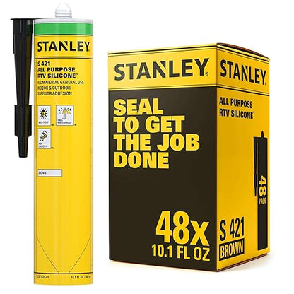 Stanley S421 All-Purpose RTV Silicone Sealant (48 x 10.1 fl.oz.) – 100% Waterproof Brown Caulk | Industrial-Grade Silicone for Kitchen, Bathroom, Shower, Window, Door, Indoor & Outdoor Use | 48 Pack