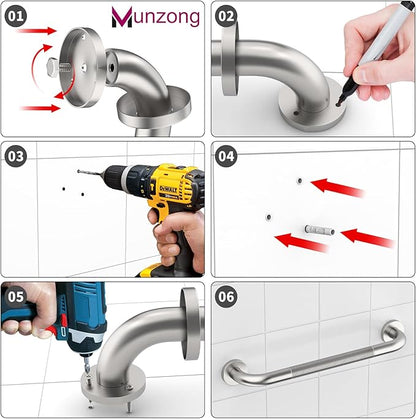 16 Inch Anti Slip Shower Grab Bar,Munzong 2 Pack Handicap Grab Bars,Brushed Nickel Knurled Bathroom Balance Bar,Safety Hand Rail Support Elderly Senior Bath Handle