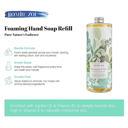 ROMIIE ZOI Foaming Hand Soap Refill, Eucalyptus & Mint, Gentle & Moisturizing Formula, 1 L/ 33.8 FL OZ