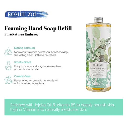 ROMIIE ZOI Foaming Hand Soap Refill, Eucalyptus & Mint, Gentle & Moisturizing Formula, 1 L/ 33.8 FL OZ