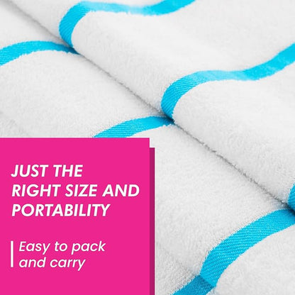 CASA COPENHAGEN Cabana Beach Towel Designed in Denmark Rough and Tough, Quick Dry, Pool, Bath & Shower 30x60 inches 4 Pieces Cotton Beach Bath Towels Set - White Teal Stripe