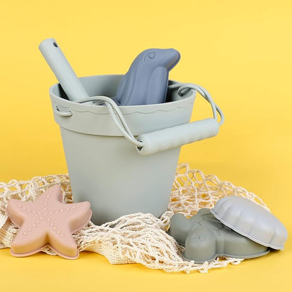 BLUE GINKGO Silicone Beach Toys - Modern Baby | Travel Friendly Set Bucket, Shovel, 4 Sand Molds, Bag for Toddlers, Kids Green