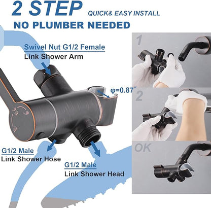 3 Way Shower Diverter Valve with Hand Shower Holder, G1/2 Shower Head Splitter, Shower Arm Diverter, Bathroom Universal Shower System Replacement Part (Oil Rubbed Bronze)