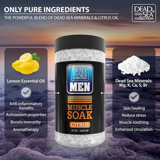 Dead Sea Collection Bath Salts for Men with Citrus Oil - Muscle Recovery Bath Soak – Mens Pure Dead Sea Salt for Soothing and Relaxing – 37 Oz