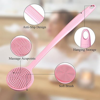 Silicone Back Scrubber for Shower, 17in Lengthen Long Handle Body Brush, Double Sided Shower Brush for Shower Exfoliating and Massage Can Produce Rich Foam, Long Handle Back Scrubber for Men