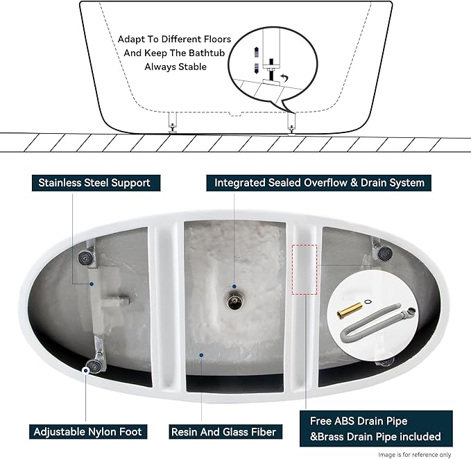 FerdY Tahiti 67" Freestanding Bathtub Elegant Oval Shape, Glossy White Double Walled Insulation bathtub with Center Polished Chrome Drain, UPC Certified -02119