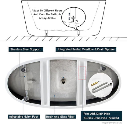 FerdY Tahiti 67" Freestanding Bathtub Elegant Oval Shape, Glossy White Double Walled Insulation bathtub with Center Brushed Nickel Drain, UPC Certified -02119