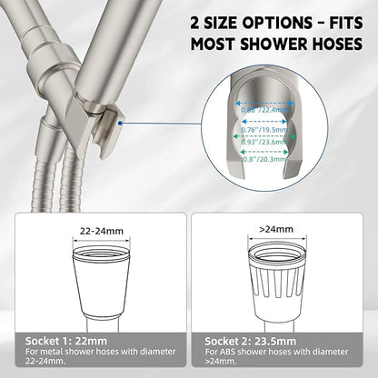 Hibbent Universal All Metal Handheld Shower Head Holder, Adjustable Solid Brass Shower Wand Holder, 2 Size Shower Bracket Holes for Bathroom, Fits All Showerhead Hoses & Shower Arm, Brushed Nickel