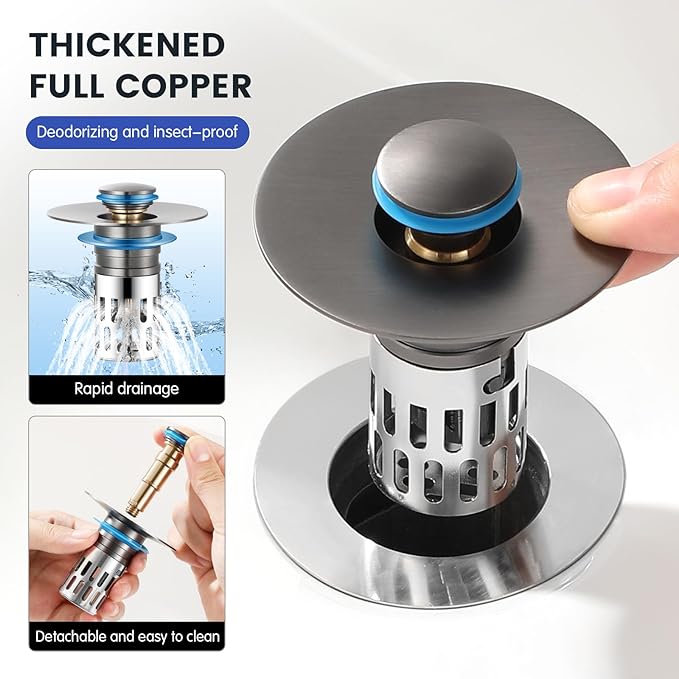Bathroom Sink Stopper, Pop Up Drain for Bathroom Sink, Sink Plug Hair Catcher, Silent Popper Core with Removable Stainless Steel Filter Basket (Brushed Nickel, 2 Pack)