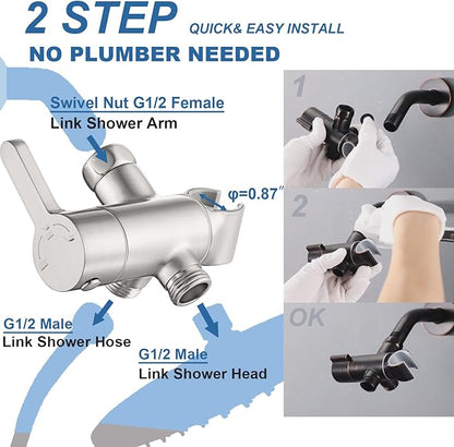 3 Way Shower Diverter Valve with Hand Shower Holder, G1/2 Shower Head Splitter, Shower Arm Diverter, Bathroom Universal Shower System Replacement Part (Brushed)