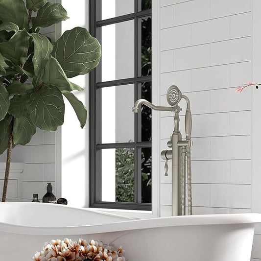 Hoimpro Free Standing Tub Faucet Freestanding Tub Filler Farmhouse Stand Alone Floor Mounted Bathtub Faucet Set Shower Faucets Handheld Sprayer Brass Brushed Nickel