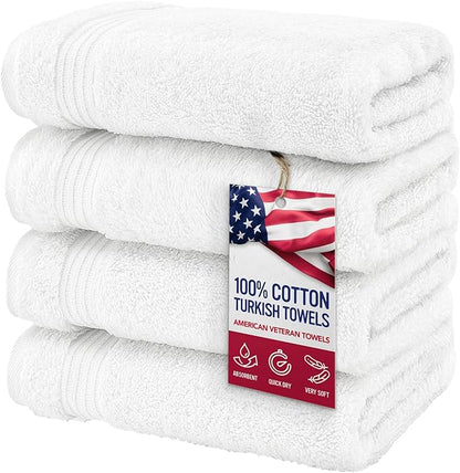 American Veteran Towel, Hand Towels for Bathroom Set of 4, 100% Cotton Turkish Hand Towel Sets, Soft Hand Face Towels, White Hand Towels