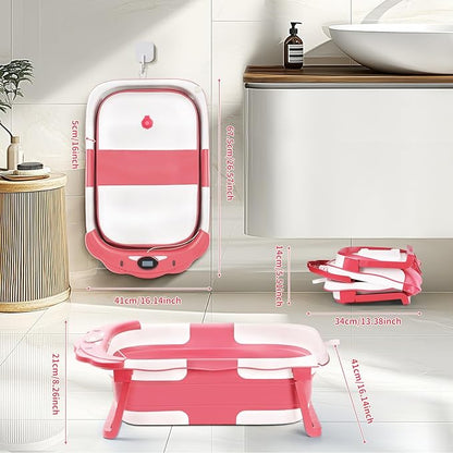 Baby Bathtub,Collapsible Baby Bath Tub with Thermometer & Soft Floating Cushion,Portable Travel Baby Bathtubs for Newborns to Toddlers 0-36 Months(Bear Pink)