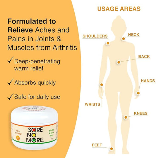 Sore No More Warm Arthritis Pain Relief Cream – Targeted Reliever for Back, Neck, Hands & Feet – Soothing & Fast-Acting Formula for Aches and Pains – Non-Greasy with Orange Aroma – 8 oz