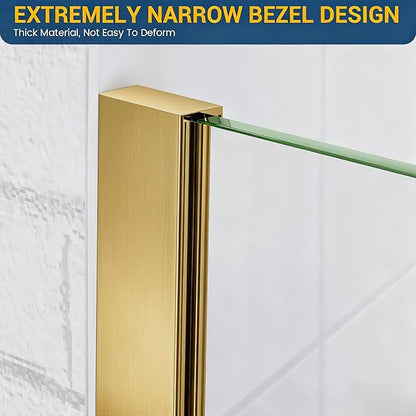 Bathtub Shower Glass Panel, 34" W X 58" H Tub Shower Door Fixed Glass Doors in Brushed Gold with 1/4"(6mm) Clear Tempered Door, Simple Shower Door Panel Easy to Install for Bathroom