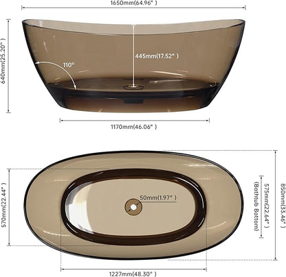65" Premium Solid Surface Freestanding Bathtub, Contemporary Design Stand Alone Stone Resin Tub with Overflow and Pop-up Drain, Transparent Brown