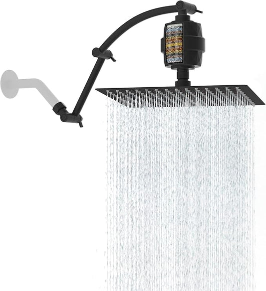 Hibbent All Metal Rain Filtered Shower Head, 12'' High Pressure Rainfall Showerhead with 16" Shower Extension Arm, 20 Stage Shower Filter, Solid Brass Adjustable Shower Arm Extender, Matte Black