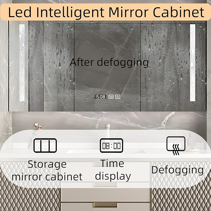 60IN Modern Bathroom Vanity - Wall-Mounted Bathroom Cabinet with LED Light | Intelligent Defogging Mirror Cabinet Includes Time Display Function, 2 Drawers & 2 Storage Cabinets (Style B)
