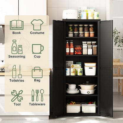 71" Tall Kitchen Pantry Storage Cabinet,Black Metal Storage Cabinets with Doors and Adjustable Shelves,5 Tier Kitchen Cupboard for Dining Room Office Bathroom