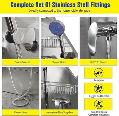 50" Stainless Steel Dog Washing Station, Pet Grooming Tub with Hot/Cold Faucet & Showerhead, Non-Slip Stairs for Small/Medium Dogs & Cats