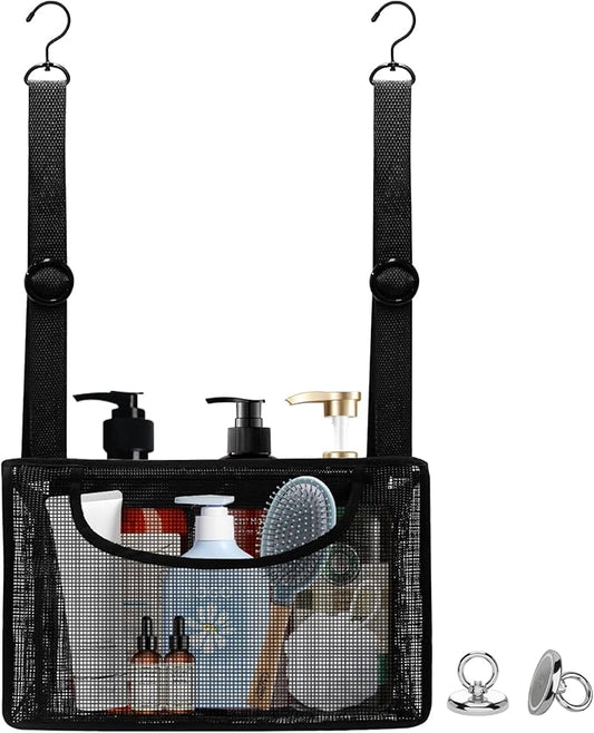 Black PVC Mesh Hanging Shower Caddy with 2 Magnetic Hooks, Adjustable Portable Bathroom Organizer with Pockets for Cruise, Dorm, Gym, Camping, RV, 12"x6"x7"(LxWxH)
