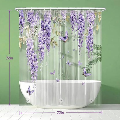 Clear Purple Floral Lavender Butterfly Shower Curtain, Plastic Transparent Cute Pretty Flower Decorative Aesthetic Shower Curtains for Bathroom, 72x72 Weighted Magnetic Shower Curtain Liner with Hooks