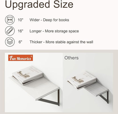 Fun Memories 10 Inch Deep Floating Shelves, White Floating Shelf 16 Inch Long, 16" W x 10" D Wall Shelves Set of 2, Deep Shelves for Books, Wide Floating Shelves for Bahtoom, Living Room, Kitchen