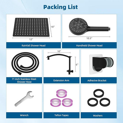Hibbent All Metal Shower Head, 12'' High Pressure Rain Shower Head/Handheld Showerhead Combo with 16'' Adjustable Arc-shaped Extension Arm, 10 Sprays, 71'' Hose, Showerhead Holder, Matte Black