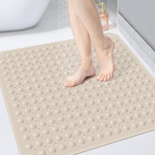 OTHWAY Square Shower Mat 32x32, TPE Non-Slip Shower Mats with Drain Holes and Suction Cups, Walk-in Mat for Inside Shower Stall, Anti-Slip for Elderly Kids (Apricot)