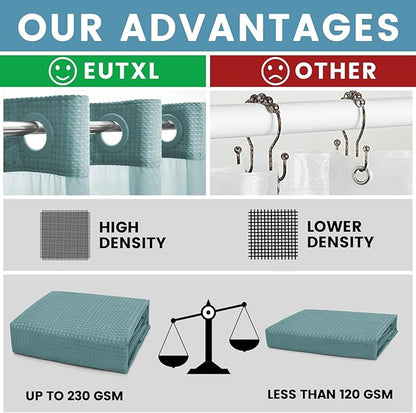 Teal Stall No Hook Shower Curtain with Snap in Liner,230GSM Waffle Weave Shower Curtains for Bathroom,54W x 80H