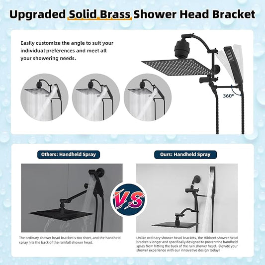 Hibbent All Metal 12'' Filtered Rainfall Shower Head with Handheld Combo, High Pressure Shower Wand, 16'' Adjustable Extension Arm, 20 Stage Shower Filter, 71'' Hose, Shower Holder, Matte Black