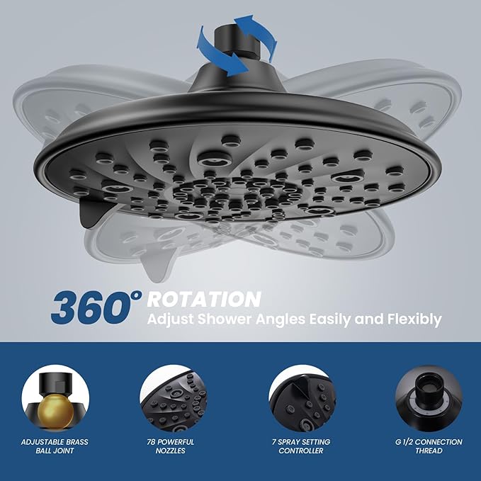 Ryamen Filtered Shower head, Rain Shower Head with Filter, High Pressure Shower Filter Head for Hard Water, 99% REMOVAL for Chlorine, Heavy Metals, Improves Skin & Hair (Unfiltered, Black)