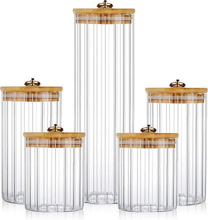 FANTESTICRYAN Glass Storage Jars Set of 5, Decorative Coffee Bar Container with Airtight Bamboo Lid Metal Ring for Home Kitchen Storing Candy, Cookie, Pasta, Nuts, Oatmeal and Bathroom Salt