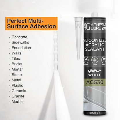 Adhesive Guru AG530 Siliconized Acrylic Sealant (12x10.5 fl oz), Waterproof Paintable Caulk for Bathtubs, Windows, Showers, Indoor Outdoor Caulking Weatherproof, White - 12 Pack