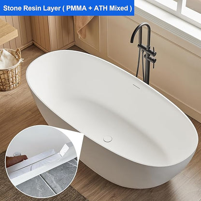 Cpingao 59" Stone Resin Freestanding Bathtub, Elegant Oval Shape Soaking Tub, Solid Surface Stand Alone Bathtub with Drain & Integrated Slotted Overflow Matte White 8845-1500