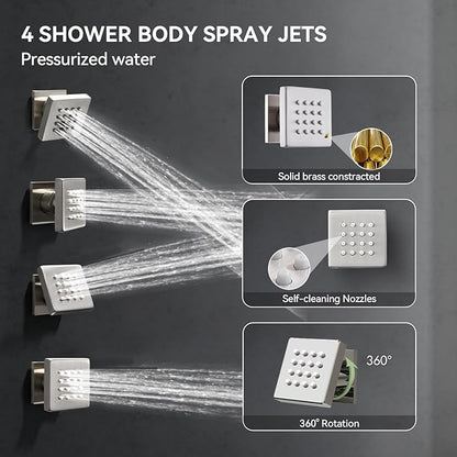 Shower Systems Brushed Nickel Shower Faucet Sets,Bostingner 4 Modes 10+6" Double Rain Shower Head with 2 in 1 Handheld Spray and 4Pcs Body Jets,Shower Set with Diverter and Trim Kit Complete