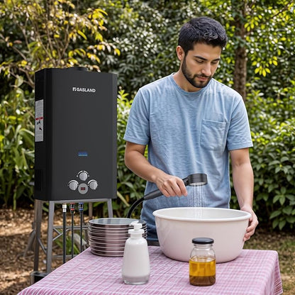 GASLAND 2.64 GPM Tankless Water Heater Propane with Pump Set, Outdoor On Demand Hot Water Heater for Camping Shower, Off Grid Outdoor Shower, 10L, BE264BQ120