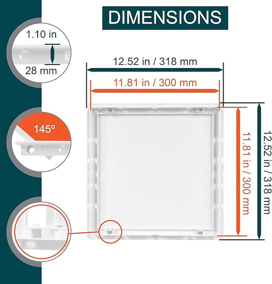 12" x 12" White Plastic Access Panel. Service Shaft Door Panel. Plumbing, Electricity, Heating, Alarm Wall Access Panel for Drywall. Bathroom Services Access Hole Cover