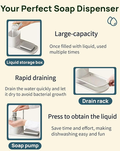 Dish Soap Dispenser & Sponge Holder 3-in-1 with Dual Pump & Drain Tray & Drying Pole - Multifunctional Kitchen Sink/Bathroom Organizer for Sponges and Hand Soap (White)