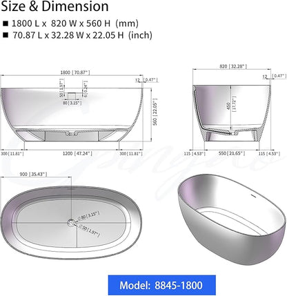 Cpingao 71" Stone Resin Freestanding Bathtub, Contemporary Oval Stand Alone Soaking Tubs, Solid Surface Bathtub with Drain & Integrated Slotted Overflow Matte White 8845-1800