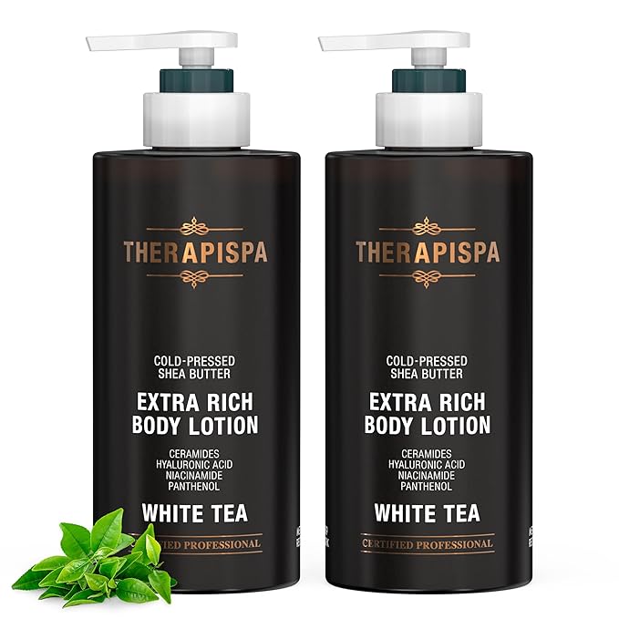 THERAPISPA Scented Body Lotion for Women – Nourishing & Hydrating Moisturizer with Shea Butter, Ceramides & Panthenol to Comfort & Restore Dry Skin (White Tea, 17.0 fl oz)