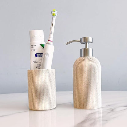 Small Sand Beige Toothbrush Holder for Bathroom Countertop, Modern Boho Farmhouse Style, Multi-Purpose Organizer, Rust-Proof Unbreakable Resin Cup